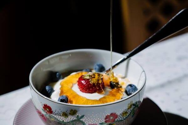 Eine Schüssel befüllt mit Joghurt, Obst und Honig, so starten man in in Tag