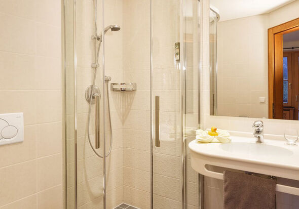 A shower in the corner of the room and a sink