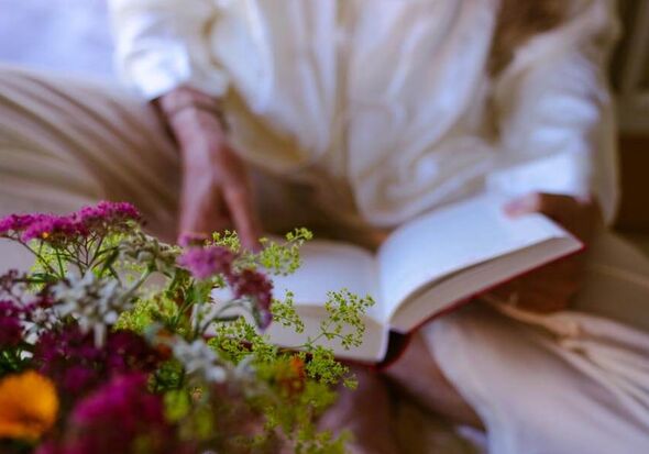 An elderly lady reading a book next to a flower bush